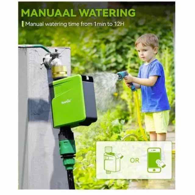 Young child watering a garden with a hose connected to a wall-mounted smart watering device, with an app-control icon overlay and text about manual watering time.